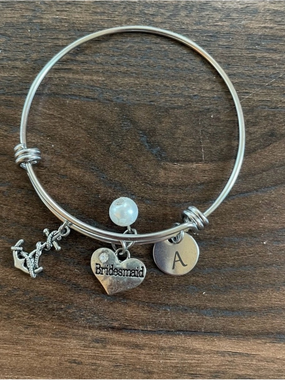 Silver Bridesmaid Charm Bangle Bracelet with Initial and Pearl